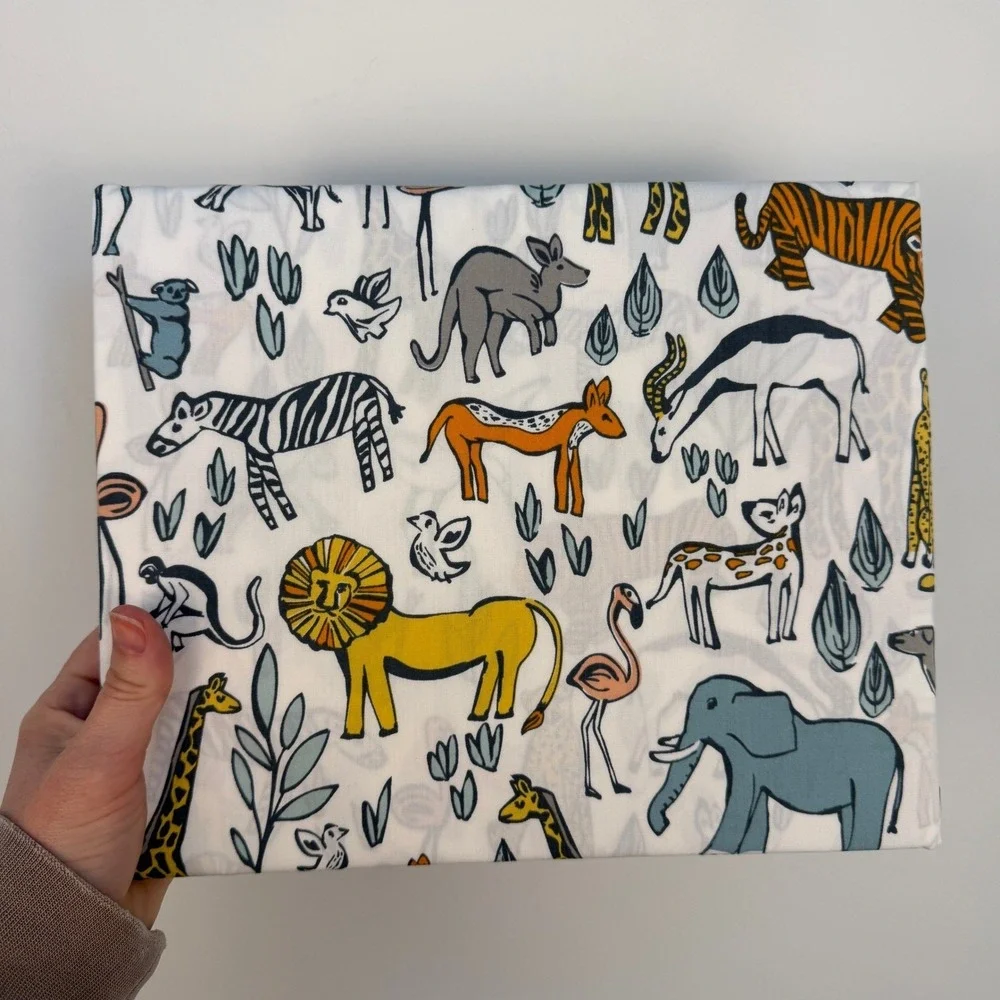 DwellStudio Safari Animal Crib Sheet Kids White Multicolor Cotton Modern Bedding